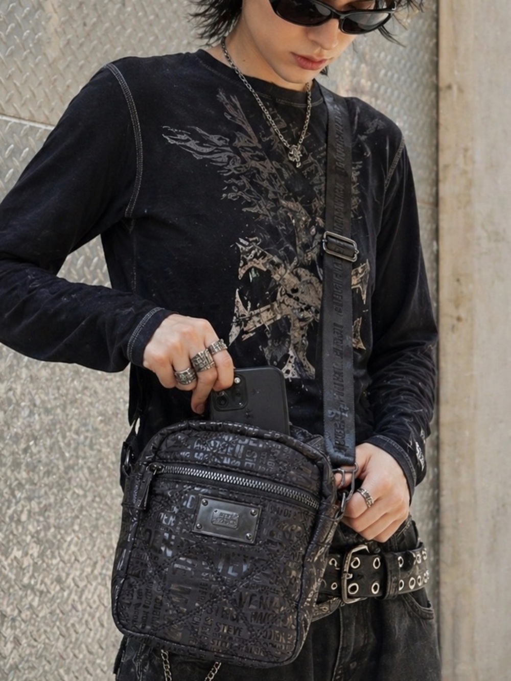 Steve Madden Bdrake Quilted Nylon Crossbody Bag Black Tonal Logo & Metal Plate